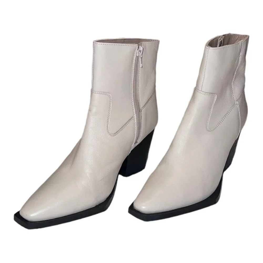 NASTY GAL Contrast Off White Leather Western Ankle Heel Boots - Picture 4 of 15